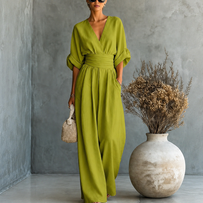 Elegant Vacation Casual Fashion V-neck Waist Jumpsuit - Green