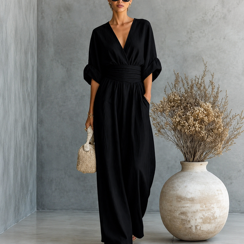 Elegant Vacation Casual Fashion V-neck Waist Jumpsuit - Black