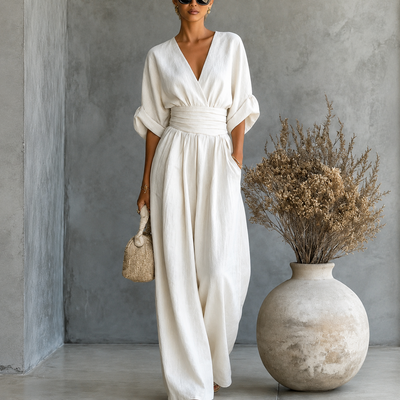 Elegant Vacation Casual Fashion V-neck Waist Jumpsuit - White