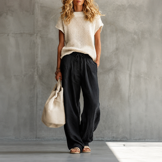 Linen Cotton Knit Two-Piece Pullover Top & Trousers Set - Black