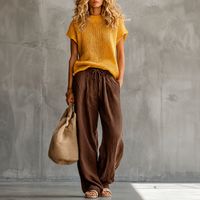 Linen Cotton Knit Two-Piece Pullover Top & Trousers Set - Coffee