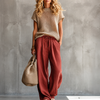 Linen Cotton Knit Two-Piece Pullover Top & Trousers Set - Red