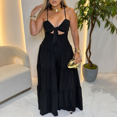 Women's Halter-Neck Cutout Tiered Wide-Leg Jumpsuit - Black