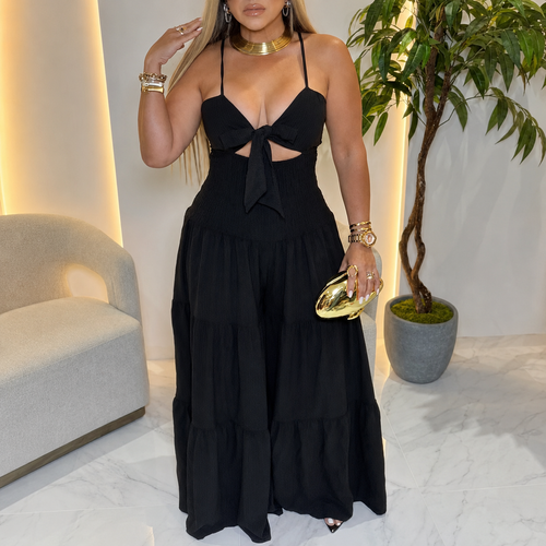 Women's Halter-Neck Cutout Tiered Wide-Leg Jumpsuit - Black