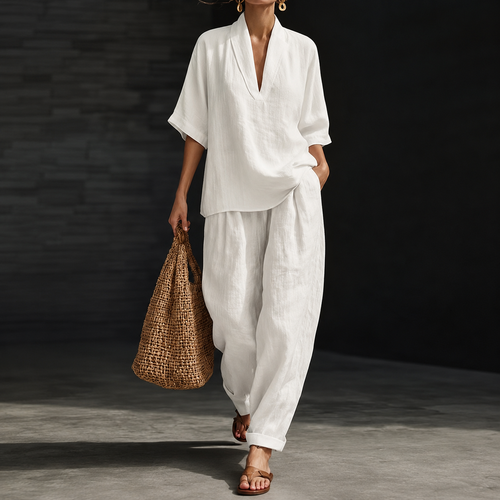 Casual And Cozy Minimalist Linen Two-piece Set - White