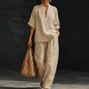Casual And Cozy Minimalist Linen Two-piece Set - Sand