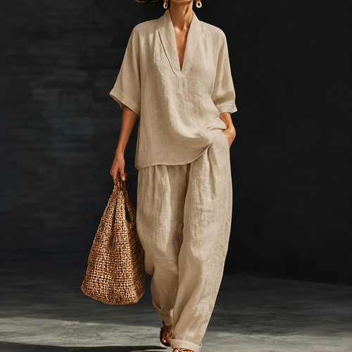 Casual And Cozy Minimalist Linen Two-piece Set - Sand