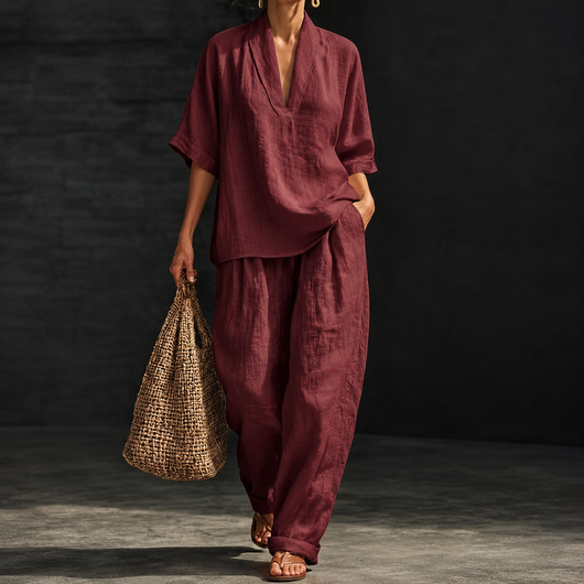 Casual And Cozy Minimalist Linen Two-piece Set - Wine