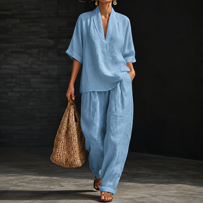 Casual And Cozy Minimalist Linen Two-piece Set - Blue
