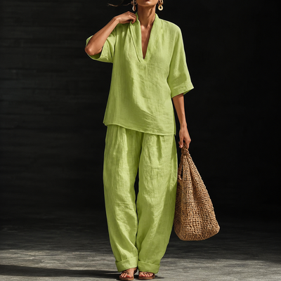 Casual And Cozy Minimalist Linen Two-piece Set - Green