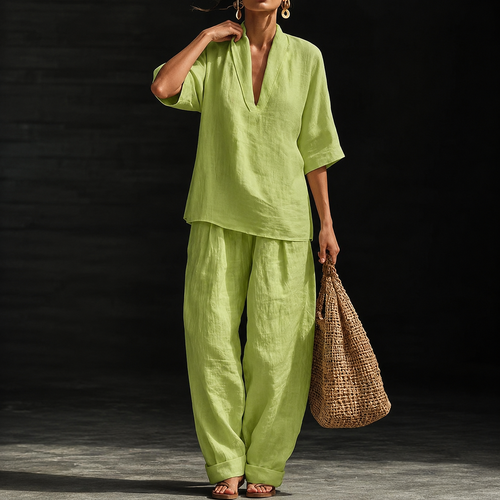 Casual And Cozy Minimalist Linen Two-piece Set - Green