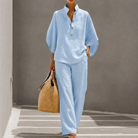 Maribel | Linen Set with Batwing Sleeves and Wide Pants - Light Blue