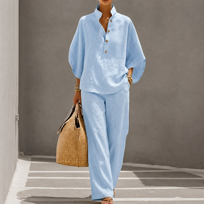 Maribel | Linen Set with Batwing Sleeves and Wide Pants - Light Blue