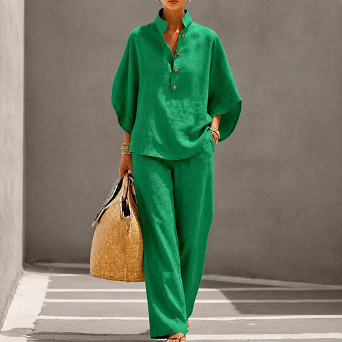 Maribel | Linen Set with Batwing Sleeves and Wide Pants - Green