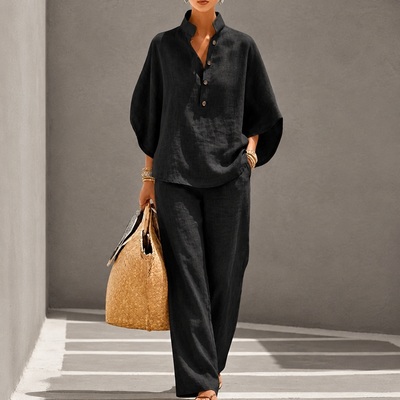 Maribel | Linen Set with Batwing Sleeves and Wide Pants - Black