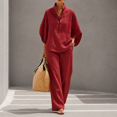 Maribel | Linen Set with Batwing Sleeves and Wide Pants - Red