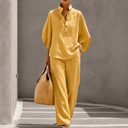 Maribel | Linen Set with Batwing Sleeves and Wide Pants - Yellow