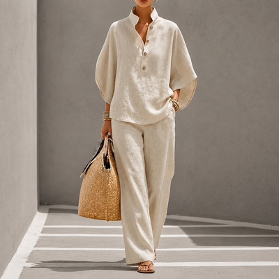 Maribel | Linen Set with Batwing Sleeves and Wide Pants - Beige