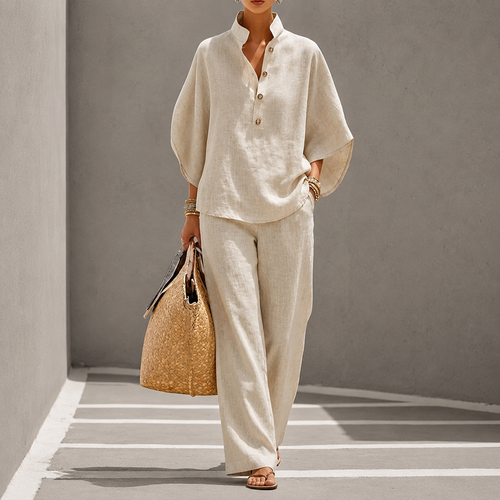 Maribel | Linen Set with Batwing Sleeves and Wide Pants - Beige