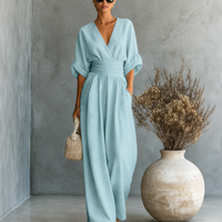 Elegant Vacation Casual Fashion V-neck Waist Jumpsuit - Blue