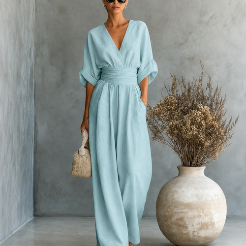 Elegant Vacation Casual Fashion V-neck Waist Jumpsuit - Blue