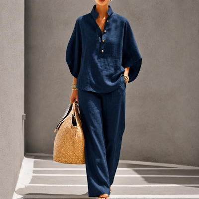 Maribel | Linen Set with Batwing Sleeves and Wide Pants - Navy Blue