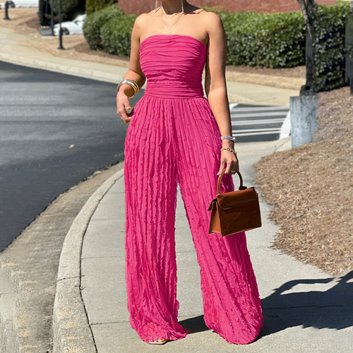 Strapless Crinkle Wide-Leg Jumpsuit - Red Rose