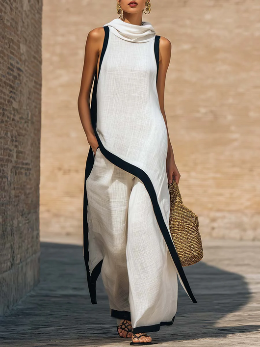 Julianna Set | Women’s Sleeveless Asymmetric Tunic Top & Wide Leg Pants Set - Blanco