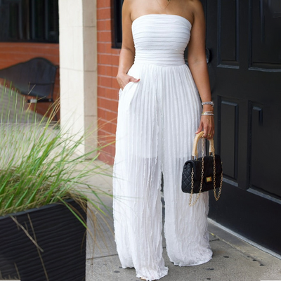 Strapless Crinkle Wide-Leg Jumpsuit - White