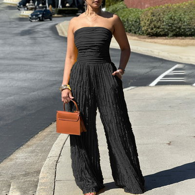 Strapless Crinkle Wide-Leg Jumpsuit - Black