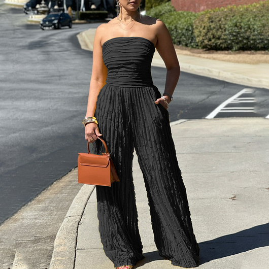 Strapless Crinkle Wide-Leg Jumpsuit - Black