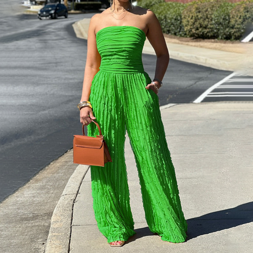 Strapless Crinkle Wide-Leg Jumpsuit - Green