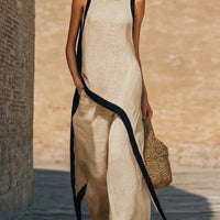 Julianna Set | Women’s Sleeveless Asymmetric Tunic Top & Wide Leg Pants Set - Beige