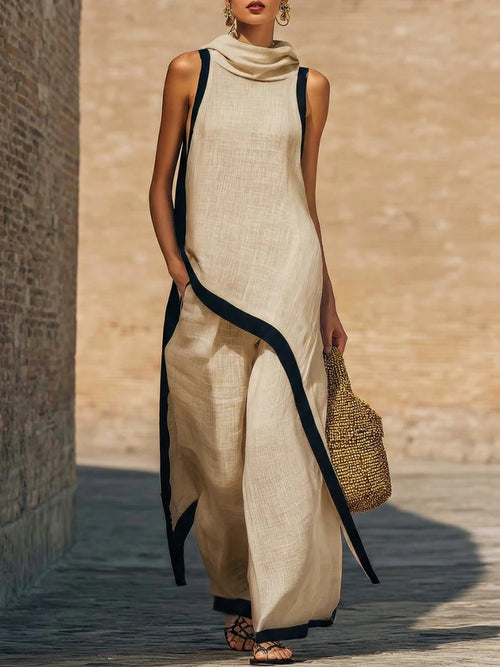 Julianna Set | Women’s Sleeveless Asymmetric Tunic Top & Wide Leg Pants Set - Beige