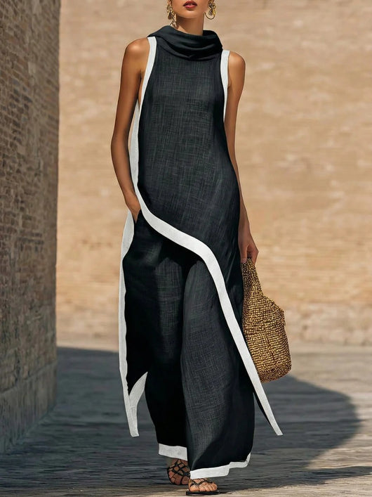 Julianna Set | Women’s Sleeveless Asymmetric Tunic Top & Wide Leg Pants Set - Negro