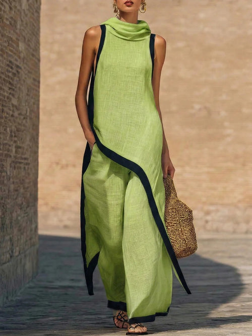 Julianna Set | Women’s Sleeveless Asymmetric Tunic Top & Wide Leg Pants Set - Avocado