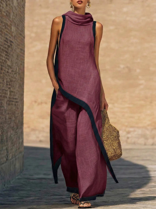 Julianna Set | Women’s Sleeveless Asymmetric Tunic Top & Wide Leg Pants Set - Granate
