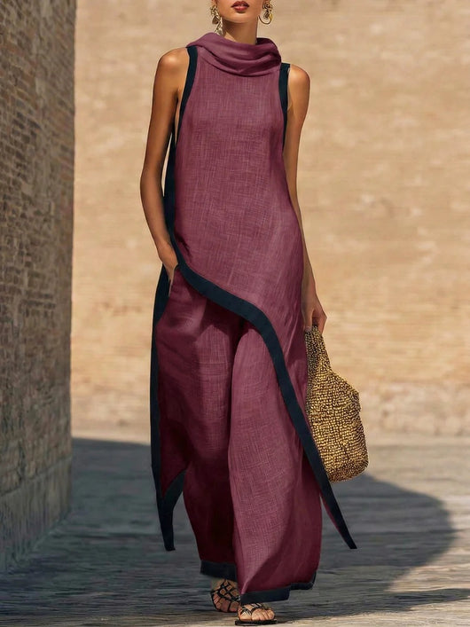 Julianna Set | Women’s Sleeveless Asymmetric Tunic Top & Wide Leg Pants Set - Granate