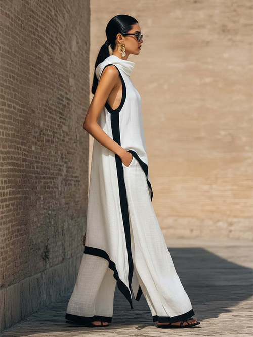 Julianna Set | Women’s Sleeveless Asymmetric Tunic Top & Wide Leg Pants Set - Blanco