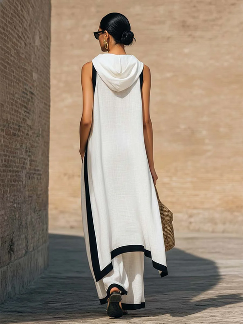 Julianna Set | Women’s Sleeveless Asymmetric Tunic Top & Wide Leg Pants Set - Blanco