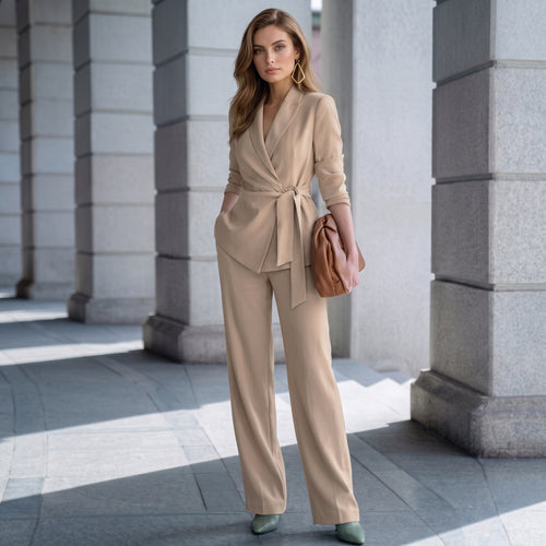 Solenne - Tailored Wide-Leg Two-Piece Set - Khaki