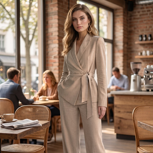 Solenne - Tailored Wide-Leg Two-Piece Set - Khaki