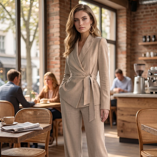 Solenne - Tailored Wide-Leg Two-Piece Set - Khaki